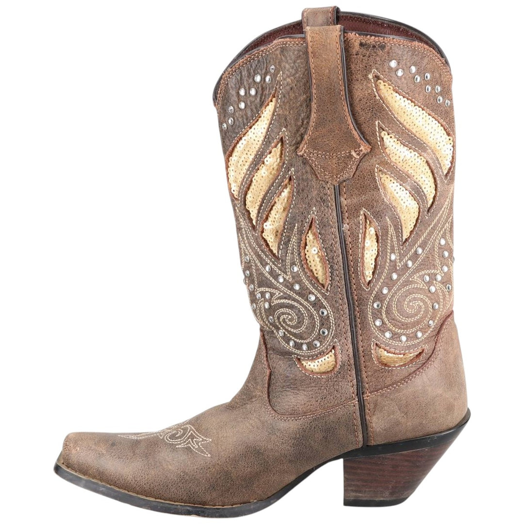Durango all-over square-toe western boots with rhinestones and sequins, size 8M Women's 25.0cm genuine leather brown type Vintage Second Hand