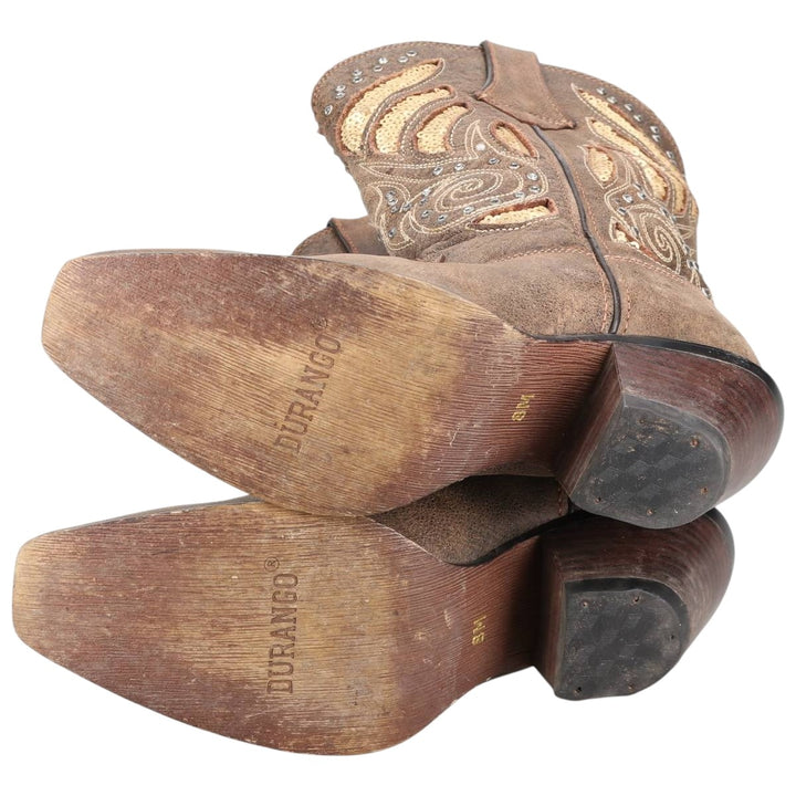 Durango all-over square-toe western boots with rhinestones and sequins, size 8M Women's 25.0cm genuine leather brown type Vintage Second Hand