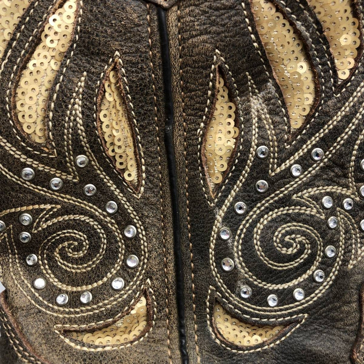 Durango all-over square-toe western boots with rhinestones and sequins, size 8M Women's 25.0cm genuine leather brown type Vintage Second Hand