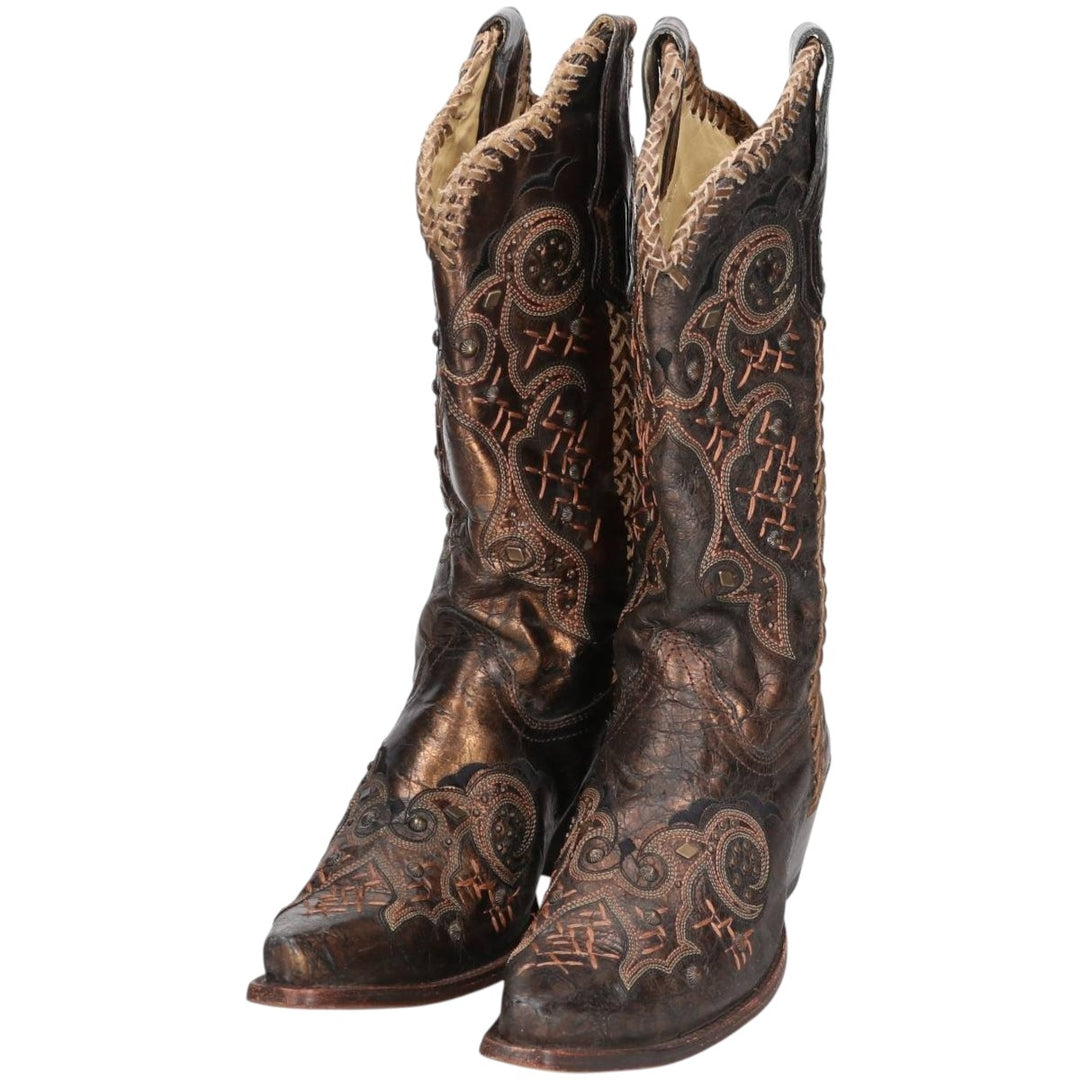 Corral Women's Gold-Coated All-Over Print Western Boots (Size 9.6 inches) /saa014406 Women's 24.5cm genuine leather Gold type Vintage Second Hand