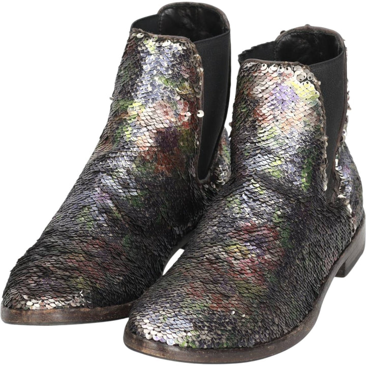 La Bottega di Lisa all-over print sequined side-gore boots, made in Italy, size 38 1/2 Women's 24.0cm genuine leather Silver type Vintage Second Hand