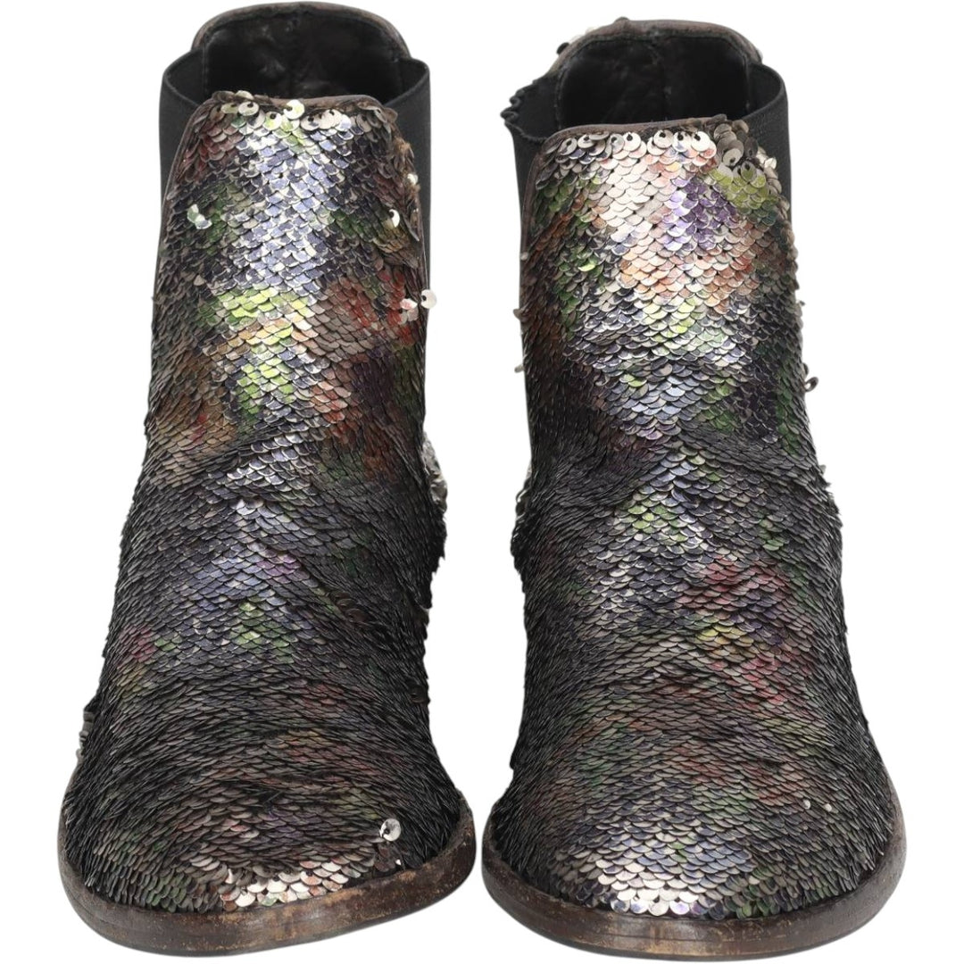 La Bottega di Lisa all-over print sequined side-gore boots, made in Italy, size 38 1/2 Women's 24.0cm genuine leather Silver type Vintage Second Hand