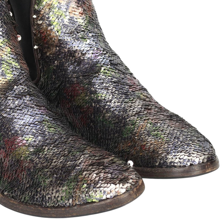 La Bottega di Lisa all-over print sequined side-gore boots, made in Italy, size 38 1/2 Women's 24.0cm genuine leather Silver type Vintage Second Hand