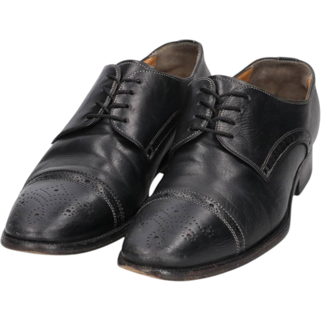 Santoni semi-brogue straight-tip shoes, made in Italy, size 8 D Men's 26.0cm unclear black type Vintage Second Hand