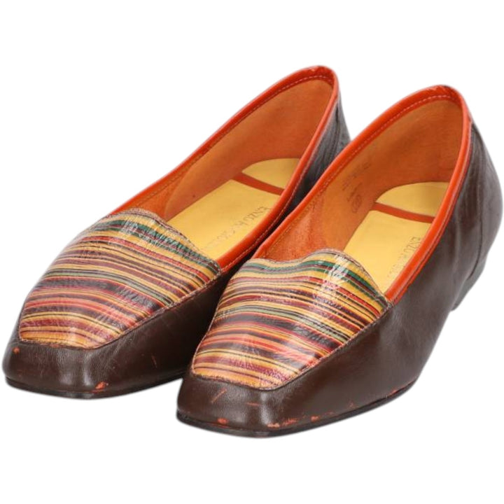 ENZO ANGIOLINI Multi-stripe Square Toe Pumps, Size 7 1/2 (M) Women's 24.5cm genuine leather dark chocolate Vintage Second Hand