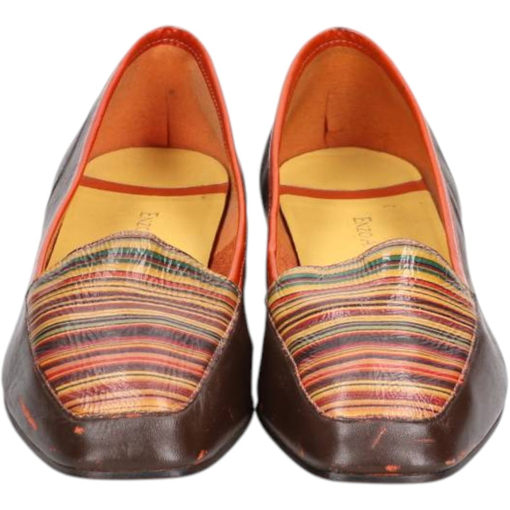 ENZO ANGIOLINI Multi-stripe Square Toe Pumps, Size 7 1/2 (M) Women's 24.5cm genuine leather dark chocolate Vintage Second Hand