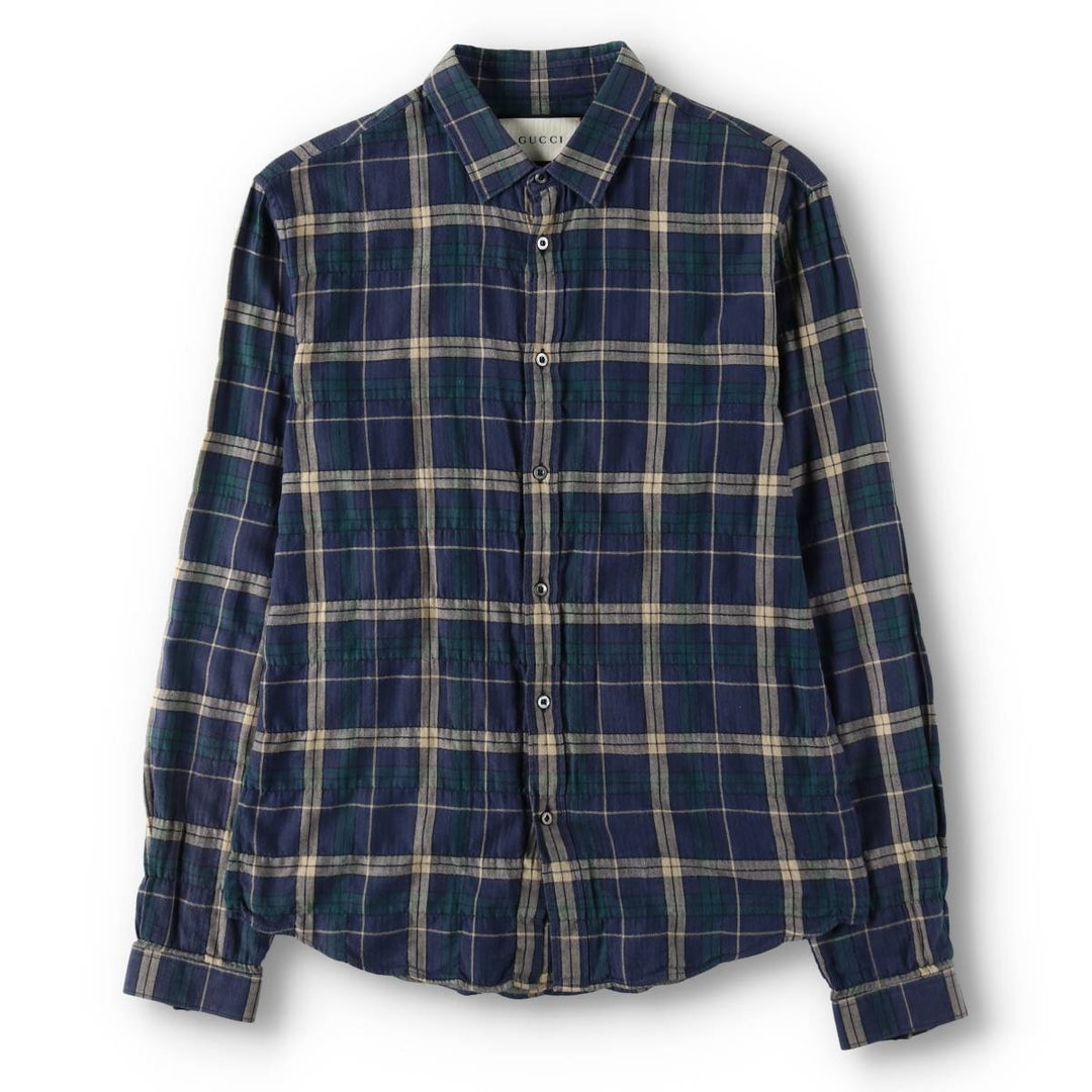 Gucci long-sleeved light flannel check shirt, made in Italy, men's size M equivalent. cotton navy blue type Vintage Second Hand