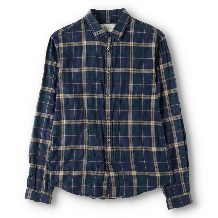 Gucci long-sleeved light flannel check shirt, made in Italy, men's size M equivalent. cotton navy blue type Vintage Second Hand