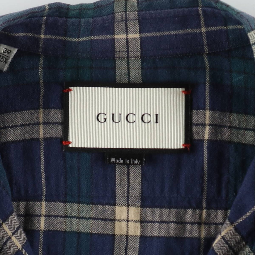 Gucci long-sleeved light flannel check shirt, made in Italy, men's size M equivalent. cotton navy blue type Vintage Second Hand
