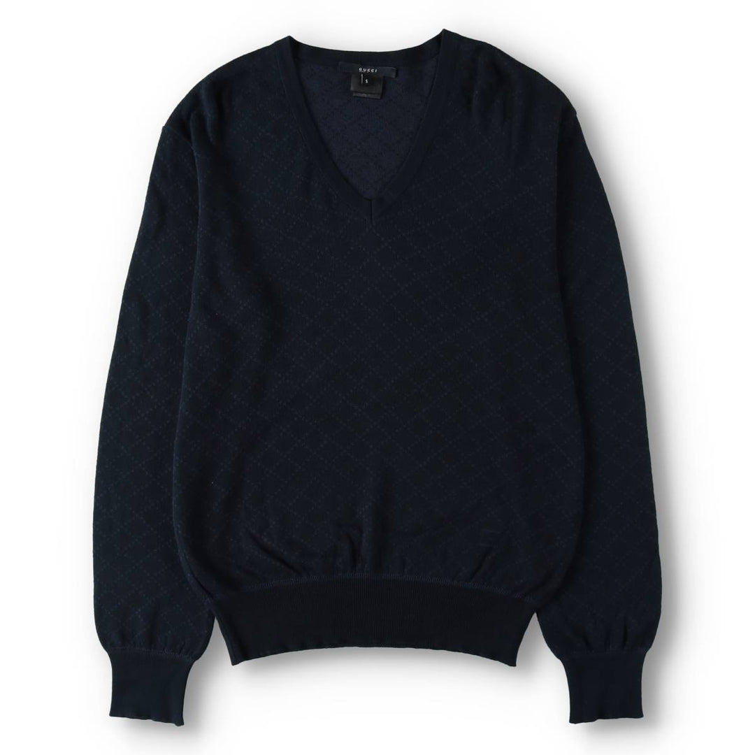 Gucci GUCCI Diamond Pattern V-neck Cotton Knit Sweater, Made in Italy, Men's Size S (approx.) cotton navy blue type Vintage Second Hand