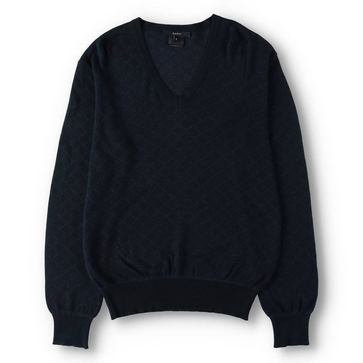Gucci GUCCI Diamond Pattern V-neck Cotton Knit Sweater, Made in Italy, Men's Size S (approx.) cotton navy blue type Vintage Second Hand