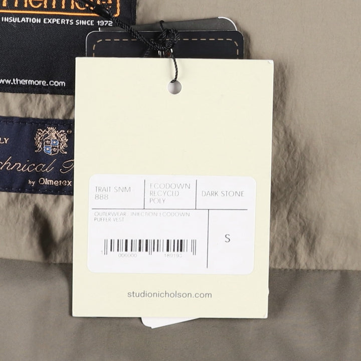 Brand new, unused Studio Nicholson Thermore padded vest, men's size S (approx.). Nylon Beige type Vintage Second Hand